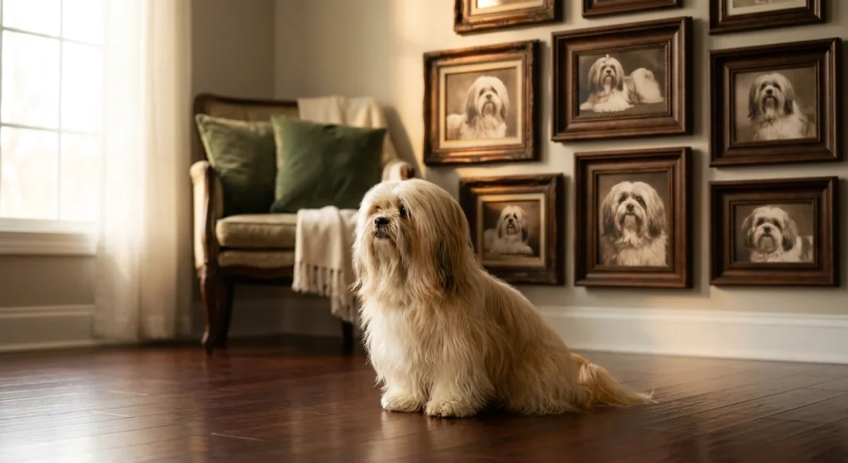 Un câine Lhasa Apso elegant stând lângă fotografii vechi înrămate ale strămoșilor săi, ilustrând conceptul de pedigree și moștenire.