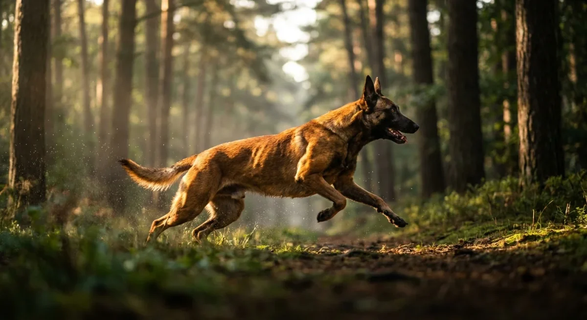 Un câine Malinois atletic alergând prin pădure la răsărit, ilustrând condiția fizică optimă și energia.