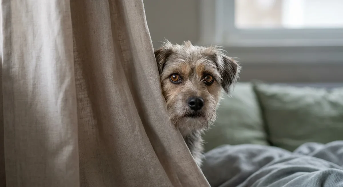 Un câine mic și timid care privește cu prudență de după o perdea într-o cameră luminată natural.