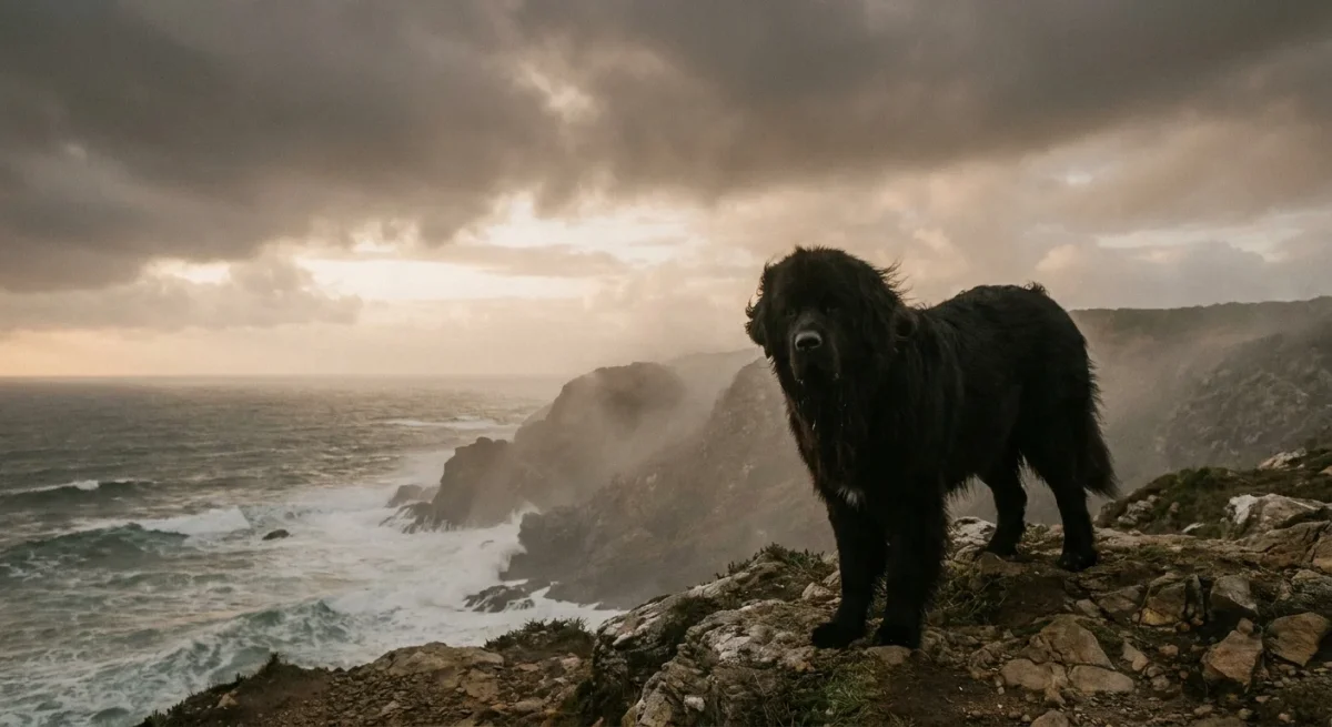 Un câine Newfoundland negru și impunător stând pe o stâncă la malul mării, într-un peisaj cețos.