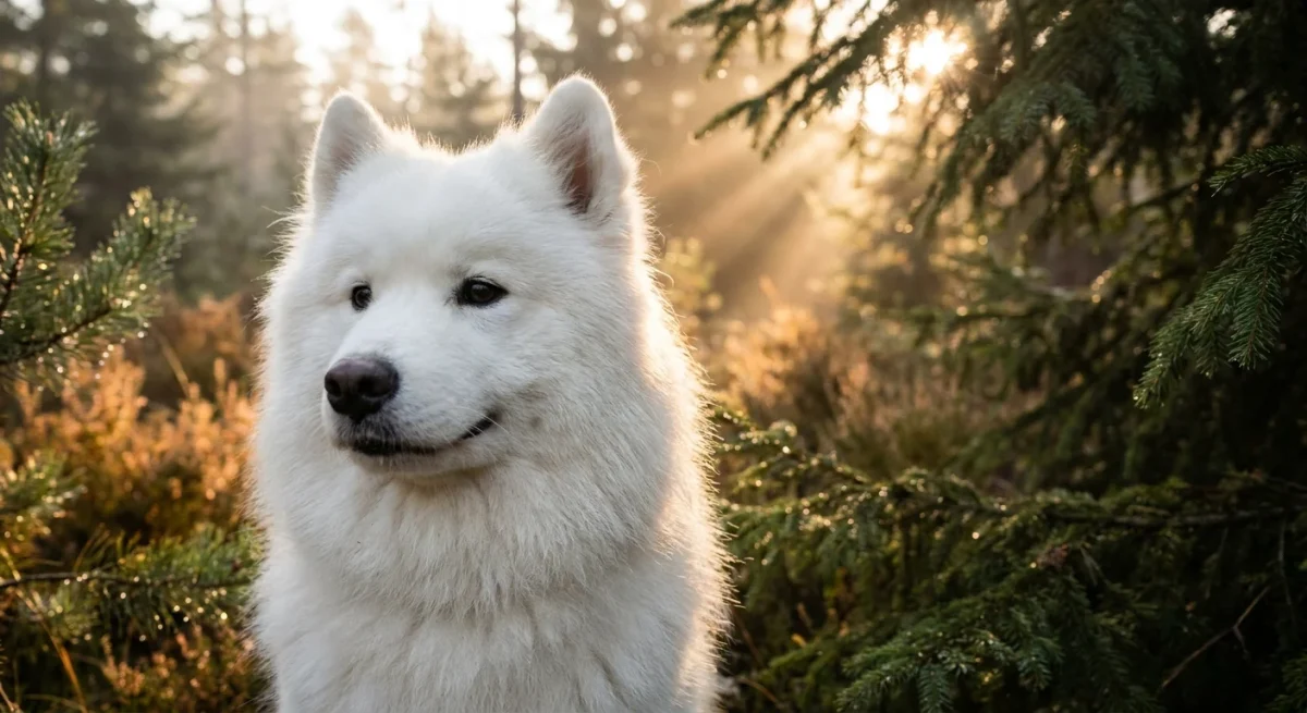 Un câine Samoyed alb și pufos zâmbind într-o pădure de pini la răsărit, evidențiind blana sa deasă.