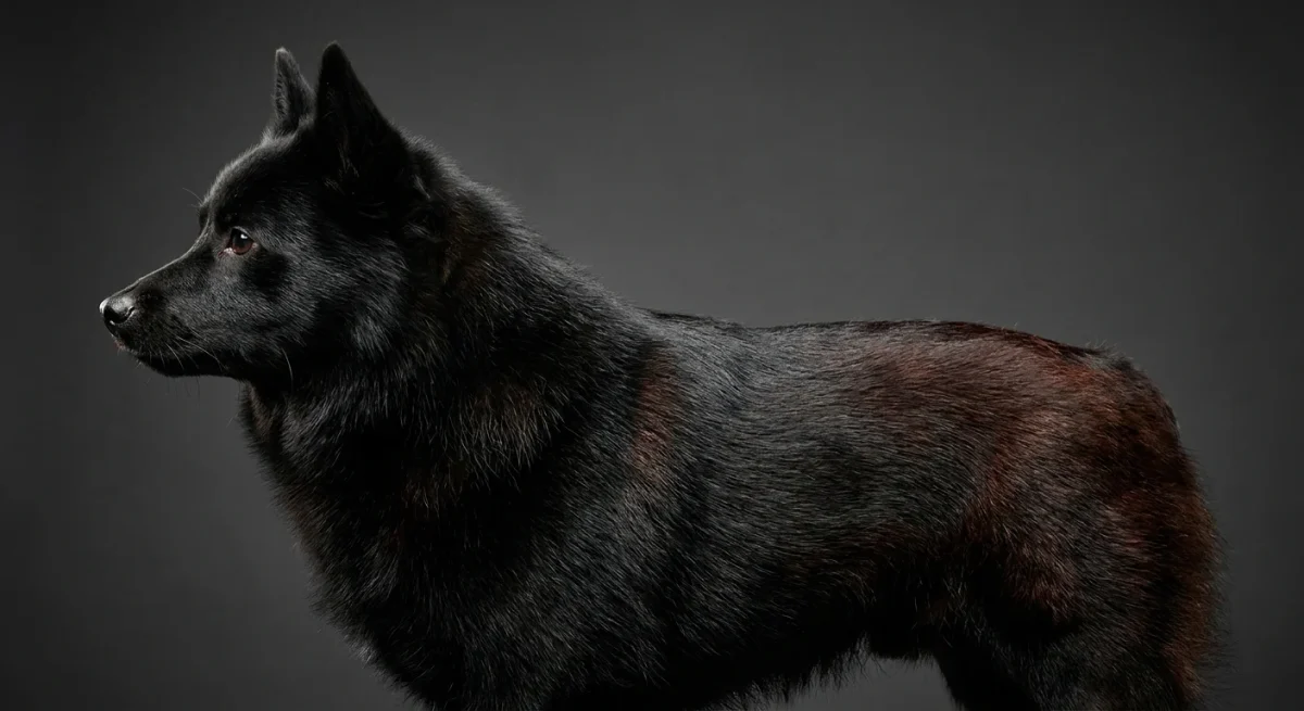 Un câine Schipperke din profil, cu blană neagră și nuanțe roșiatice pe spate, ilustrând simptomele timpurii ale Alopeciei X.