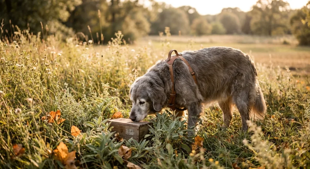 Un câine senior Golden Retriever participă la un exercițiu de Scent Work într-un parc însorit, protejându-și articulațiile.