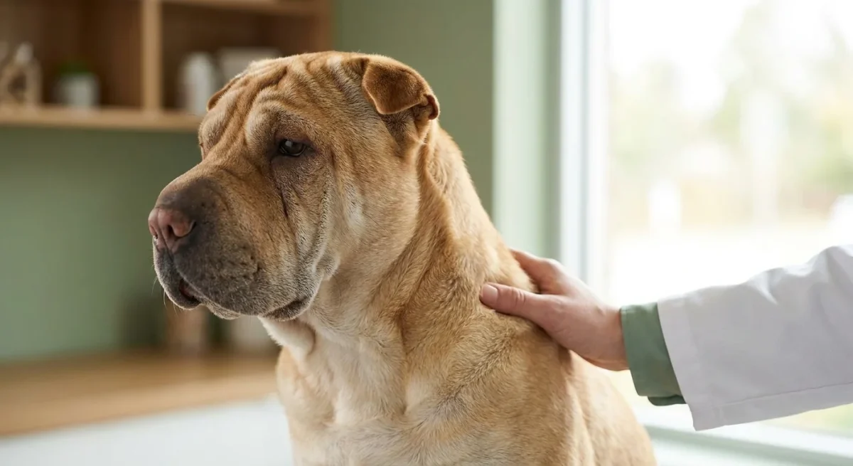 Un câine Shar-Pei cu pliuri pronunțate ale pielii, fiind examinat cu blândețe de un medic veterinar.