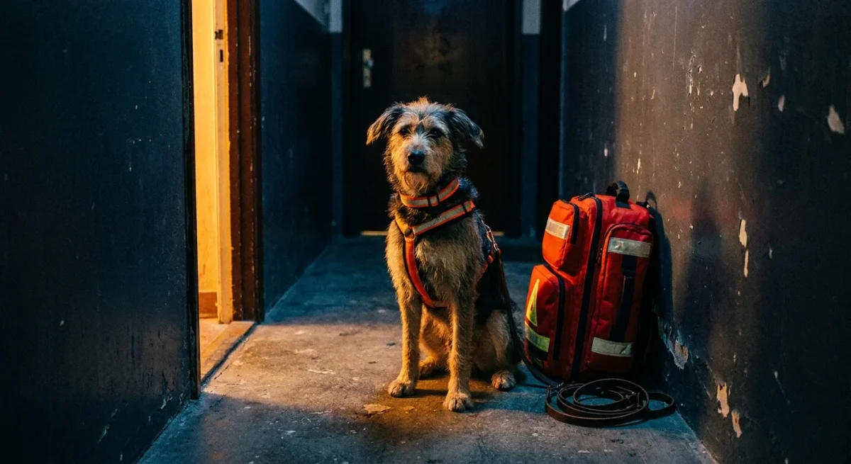 Un câine stând lângă un rucsac roșu de urgență și o lesă, pregătit pentru evacuare.