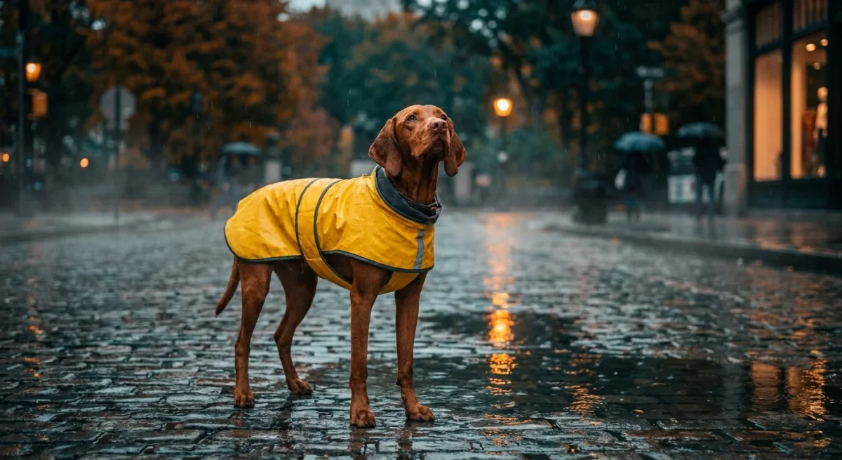 Un câine Vizsla purtând o pelerină galbenă de ploaie pe o stradă umedă, privind cu încredere spre stăpân.