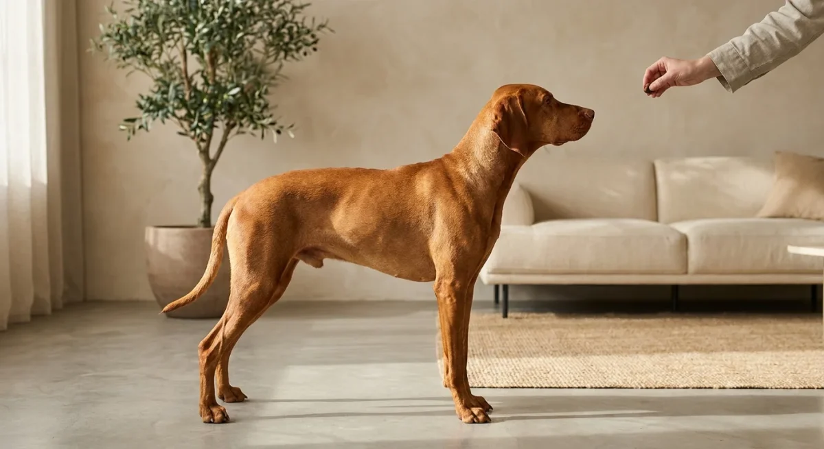 Un câine Vizsla stând în poziția 'stai' într-un living minimalist, ghidat de mâna dresorului.