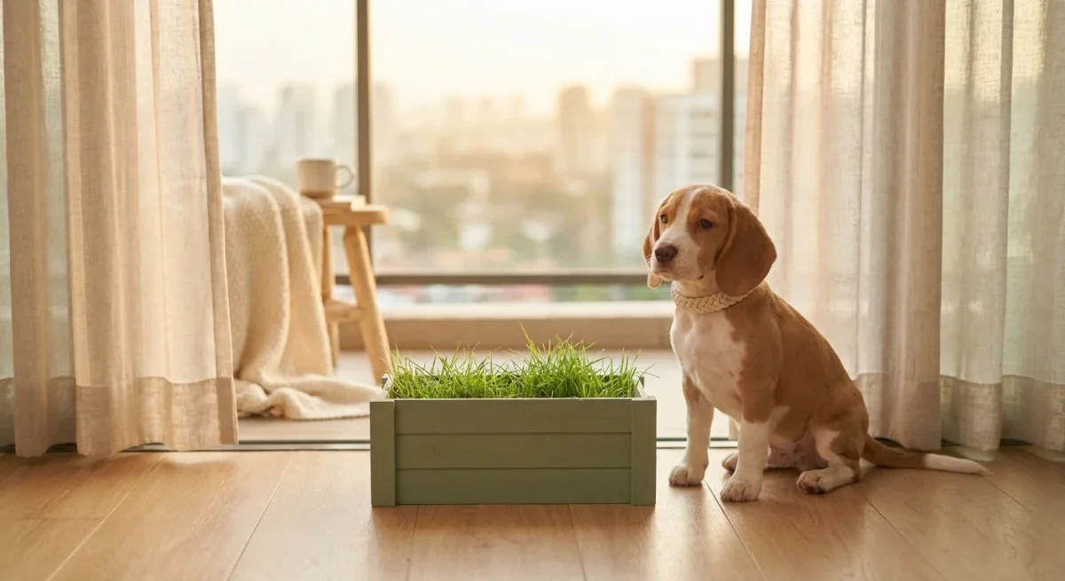 Un cățeluș Beagle stând cuminte pe o porțiune de iarbă specială pe balconul unui apartament modern.