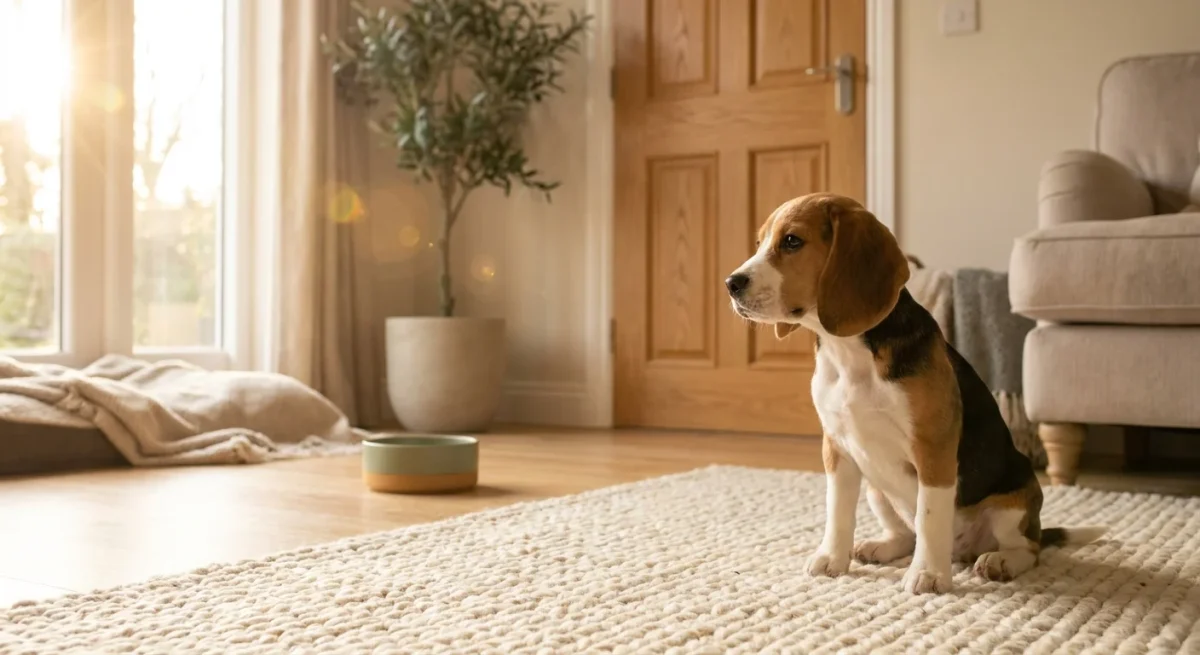 Un cățeluș Beagle stând singur și liniștit pe un covor într-o sufragerie luminoasă.