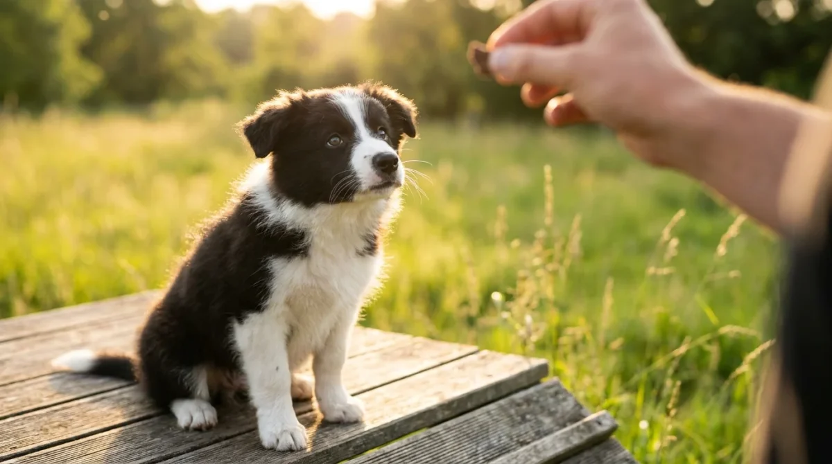 Un cățeluș Border Collie stă concentrat pe o platformă de dresaj, privind spre stăpânul său în lumina caldă a apusului.