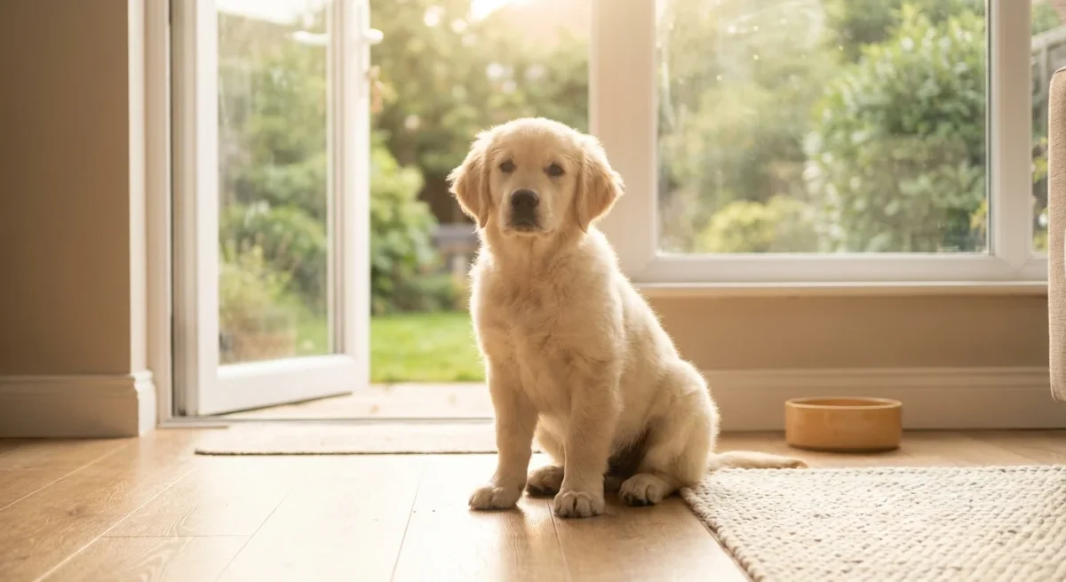 Un cățeluș de Golden Retriever stând lângă o ușă deschisă spre grădină, în lumina caldă a dimineții.