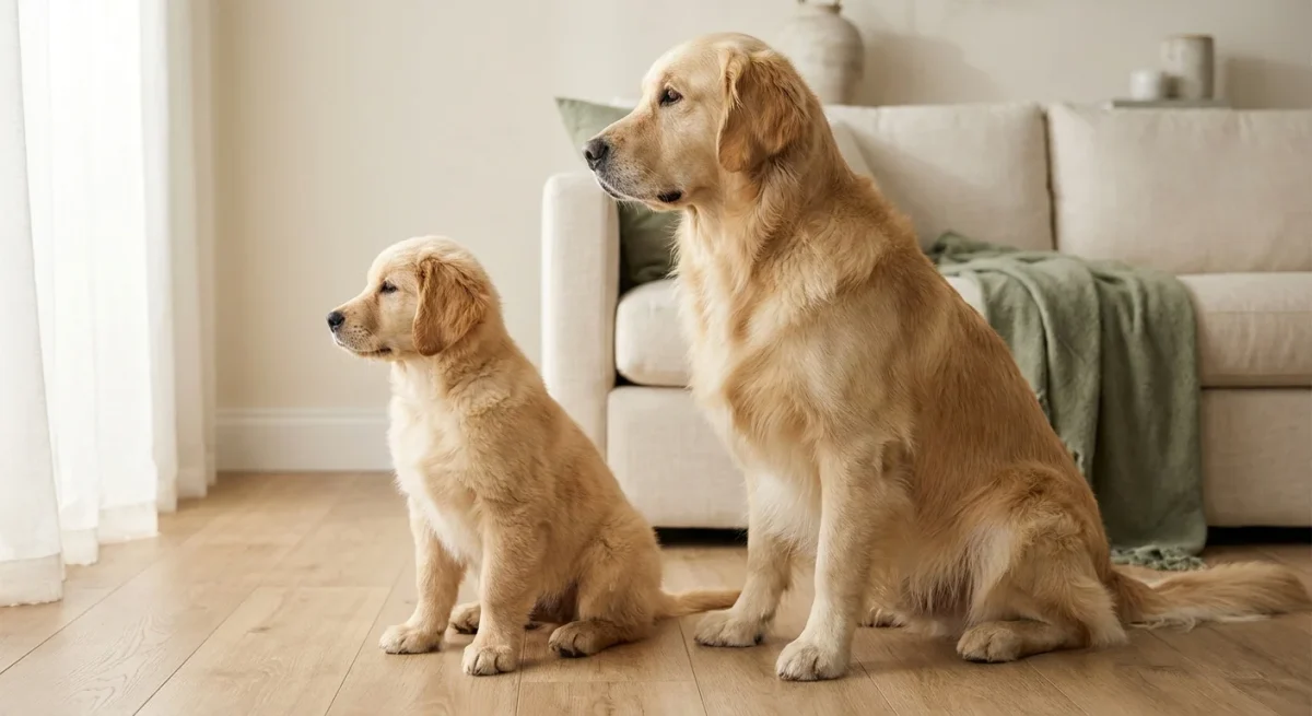 Un cățeluș Golden Retriever lângă un adult din aceeași rasă, ilustrând etapele de creștere și diferența de mărime.