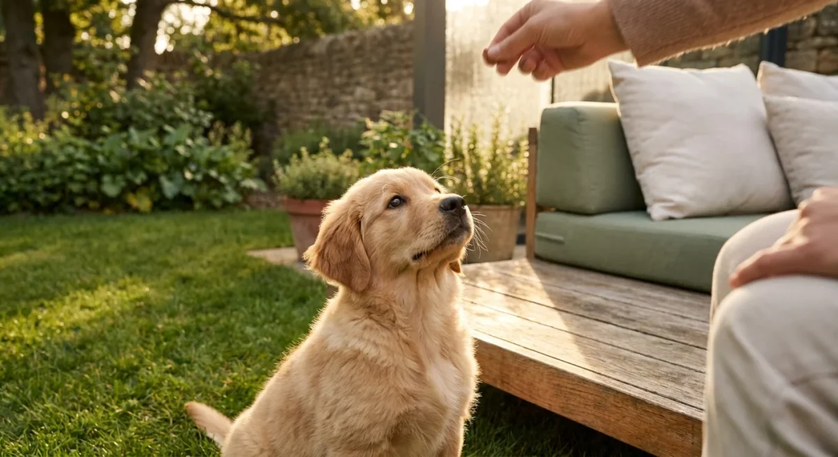 Un cățeluș Golden Retriever stând fericit pe iarbă în curte, pregătit pentru dresajul de igienă.