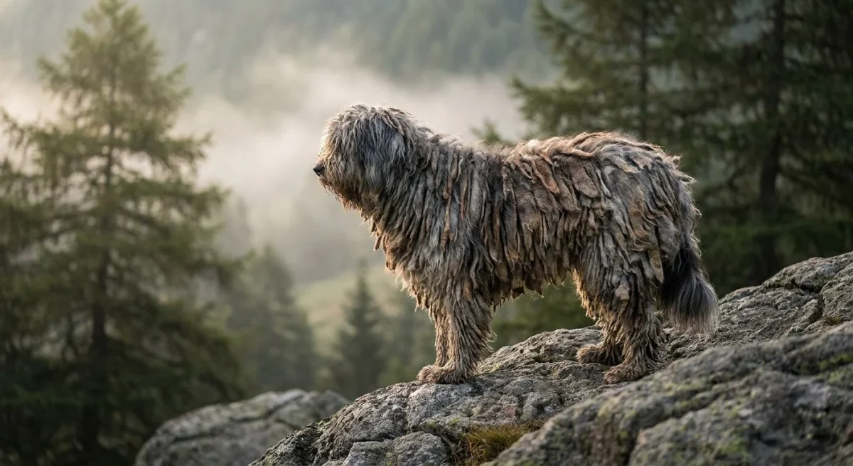 Un Ciobănesc Bergamasco stând pe o stâncă în Alpi, evidențiind blana sa unică formată din plăci mari de păr împâslit.