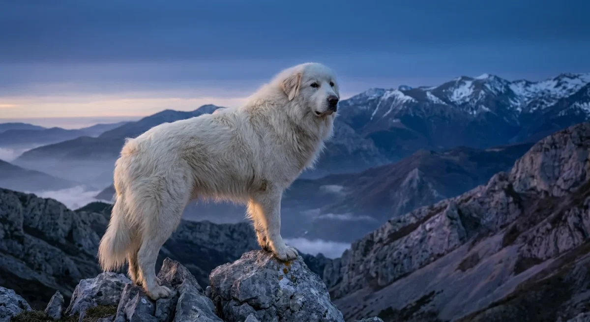 Un Ciobănesc de Pirinei alb și maiestuos stând pe o creastă de munte la apus.