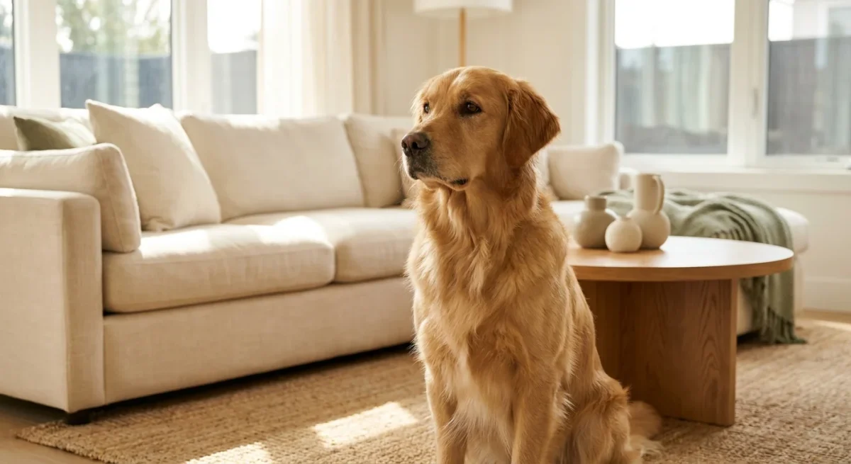 Un Golden Retriever adult stând calm într-o cameră luminoasă, reprezentând sănătatea câinilor de talie mare.