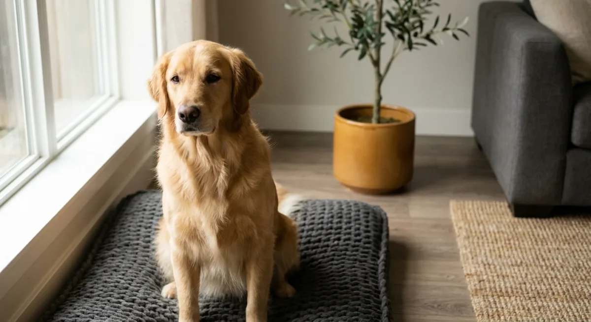 Un Golden Retriever așezat cuminte pe culcușul său într-o sufragerie modernă și luminoasă.