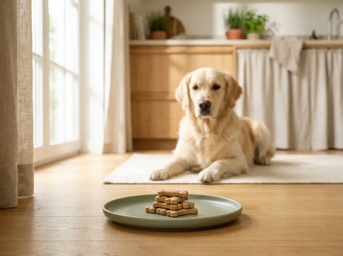 Un Golden Retriever așteaptă cuminte lângă o farfurie mică cu recompense, ilustrând controlul porțiilor.