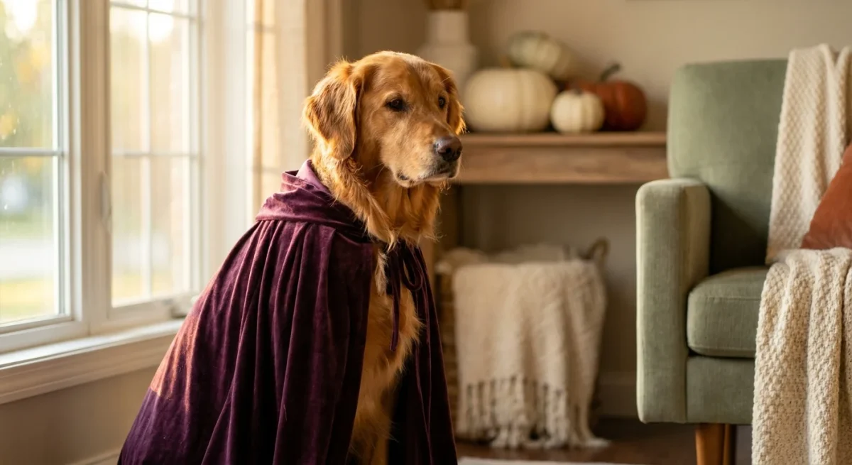 Un Golden Retriever calm purtând o pelerină de catifea mov într-un decor de toamnă luminat natural.