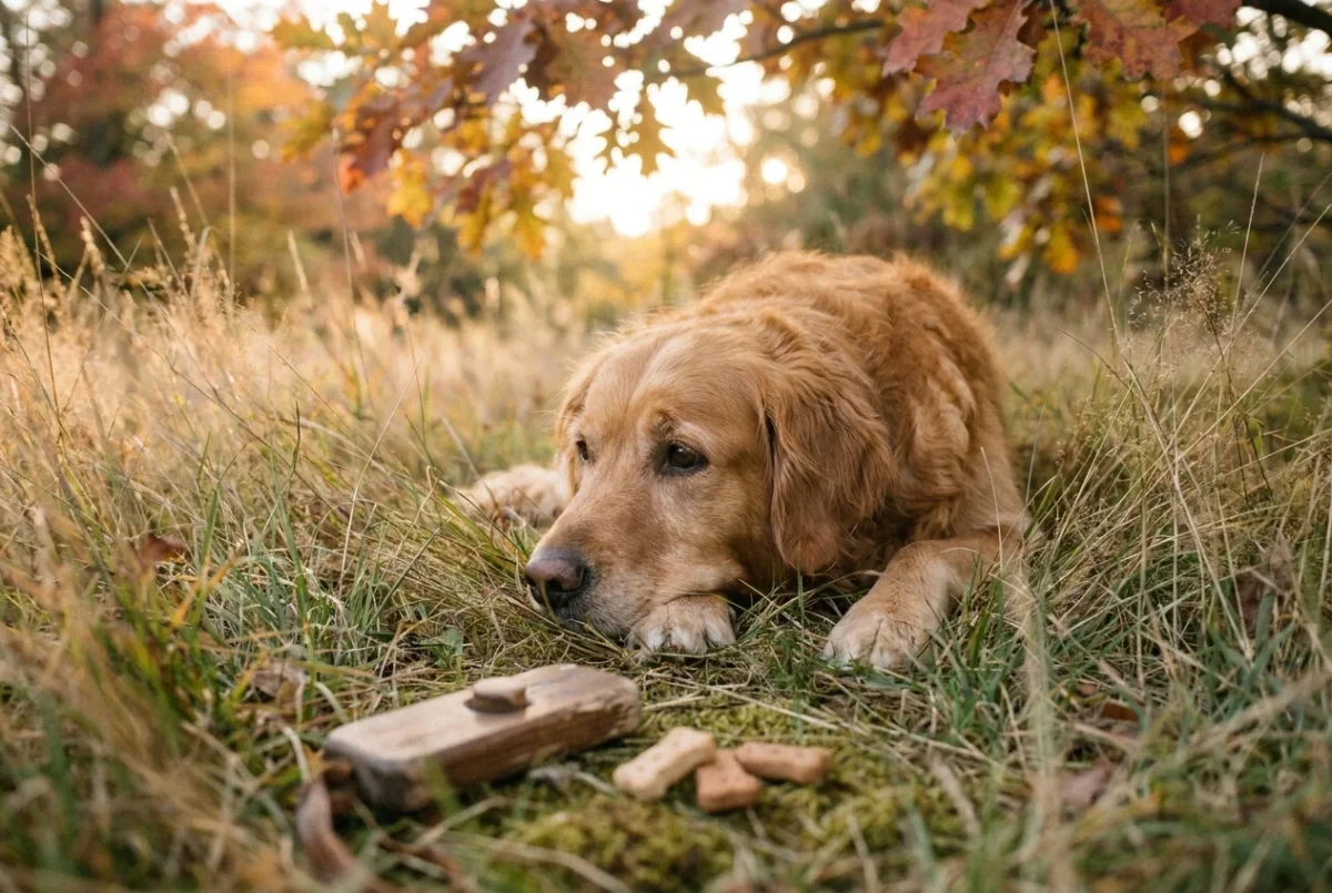 Un Golden Retriever culcat pe iarbă, părând obosit după o sesiune de dresaj, într-o lumină caldă de apus.