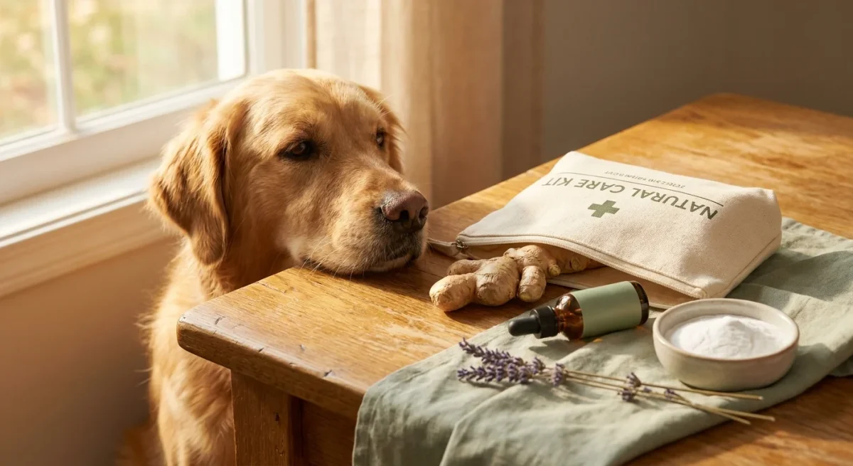 Un Golden Retriever lângă o trusă de prim ajutor cu ingrediente naturale pe o masă de lemn.