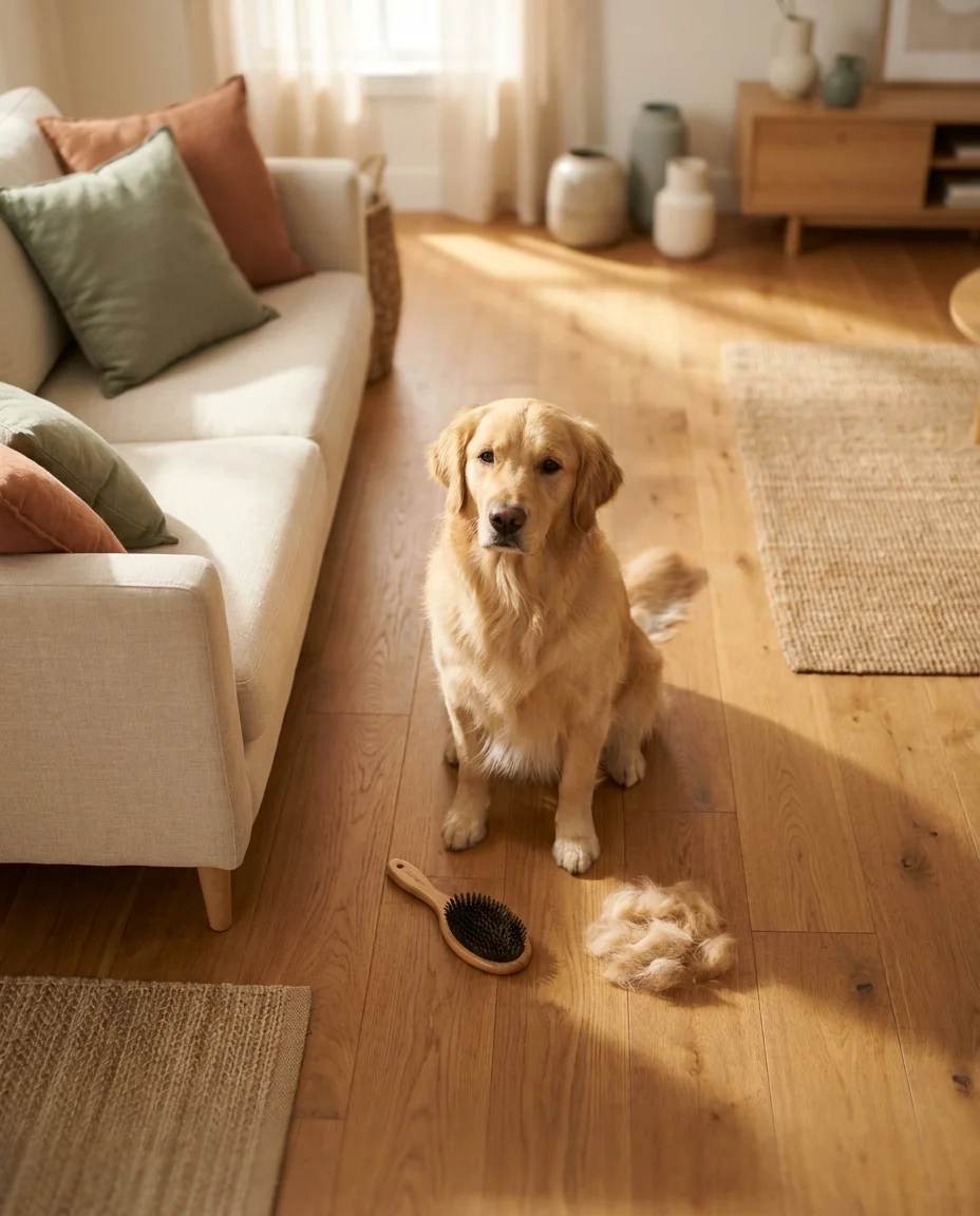 Un Golden Retriever stând lângă o canapea curată, cu o perie de lemn și un ghemotoc de păr alături.