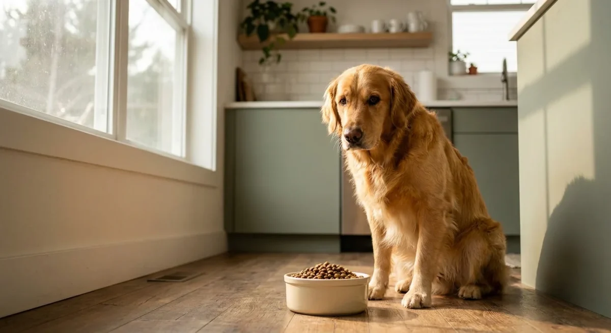 Un Golden Retriever stând liniștit lângă un bol cu mâncare într-o bucătărie luminoasă.
