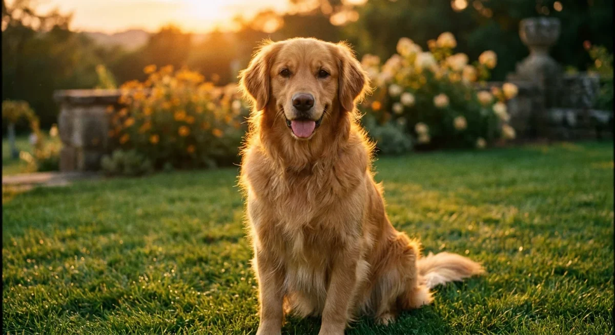Un Golden Retriever superb stând pe iarbă în lumina caldă a apusului, ilustrând eleganța rasei.