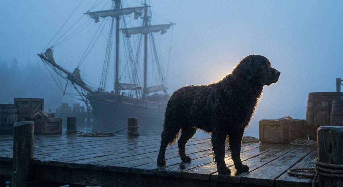Un Labrador negru pe un debarcader vechi, reprezentând strămoșul rasei într-un port istoric, sub o ceață densă.