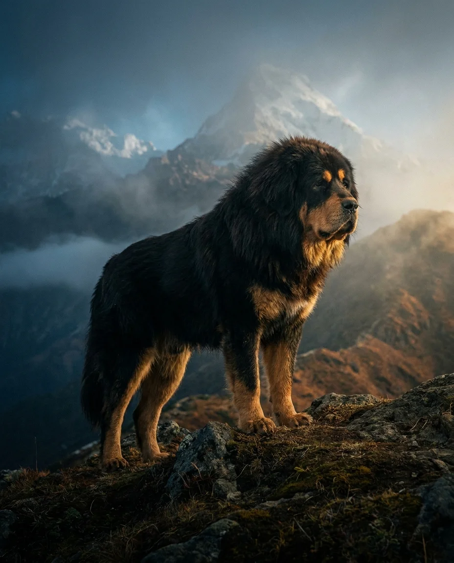 Un Mastiff Tibetan impunător stând pe o creastă de munte în ceață.