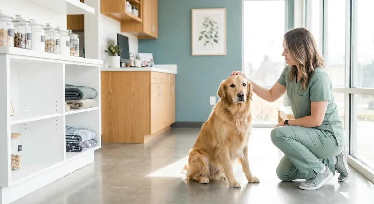 Un medic veterinar oferă afecțiune unui Golden Retriever într-o clinică modernă și luminoasă.