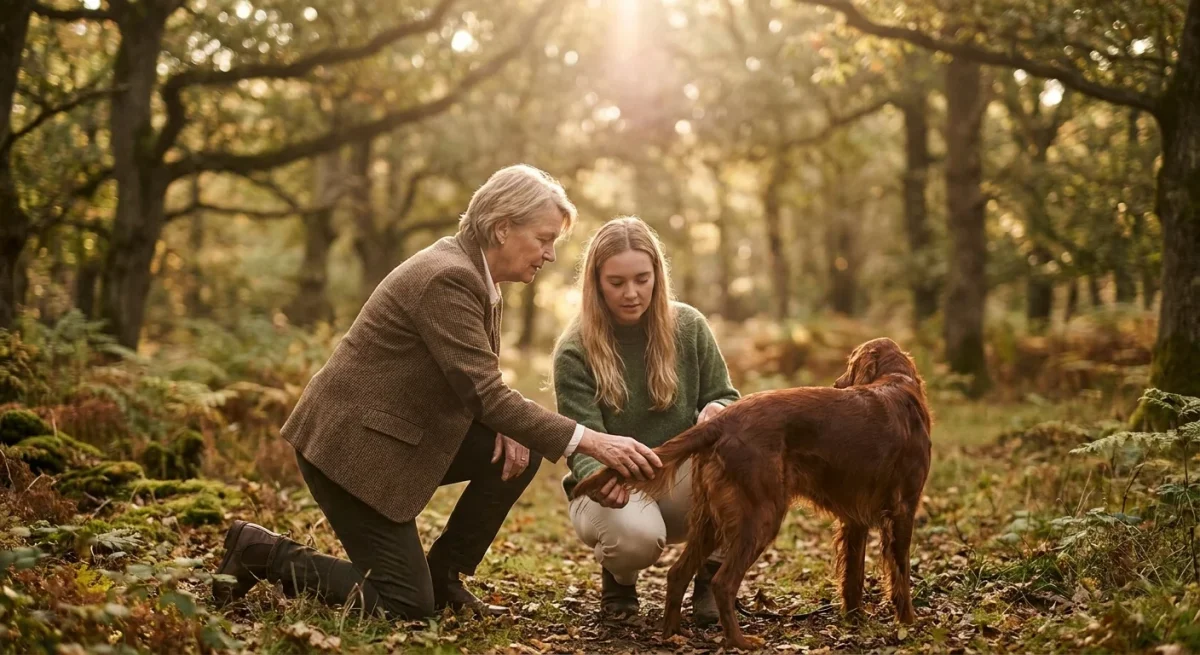 Un mentor experimentat ghidează un tânăr expozant în arta prezentării unui câine de rasă la expoziții canine.