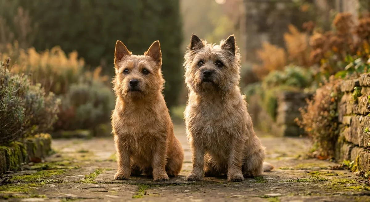 Un Norwich Terrier și un Cairn Terrier stând unul lângă altul pe o potecă, ilustrând diferențele de talie și aspectul blănii.