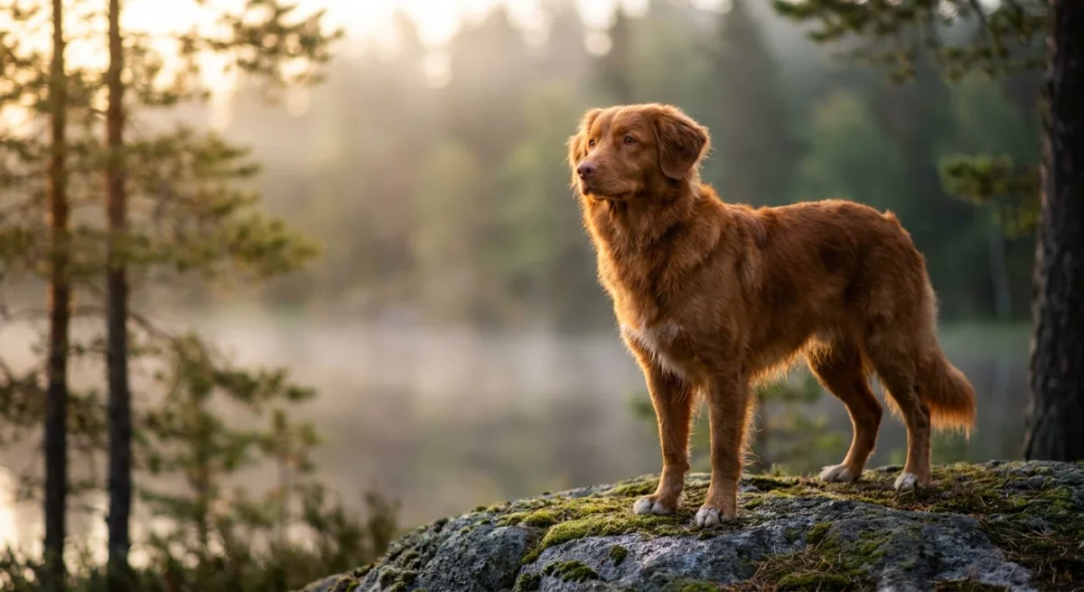 Un Nova Scotia Duck Tolling Retriever stând mândru pe o stâncă lângă un lac în zori de zi.
