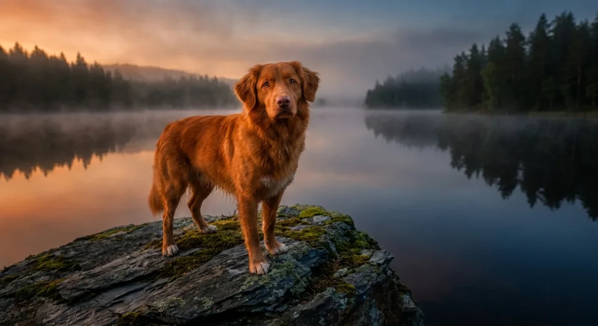 Un Nova Scotia Duck Tolling Retriever stând pe o stâncă într-un peisaj canadian cețos la răsărit.