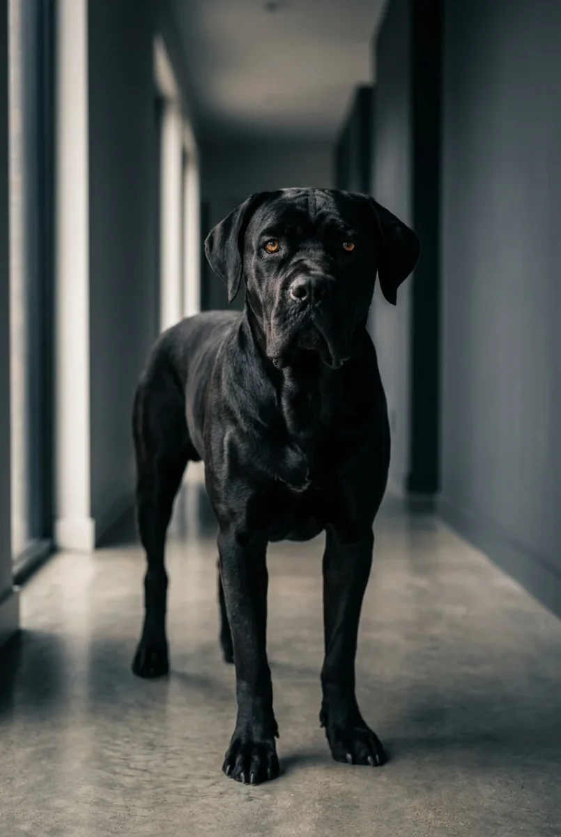 Un portret maiestuos al unui câine Cane Corso negru, cu o constituție robustă, stând într-un decor modern.