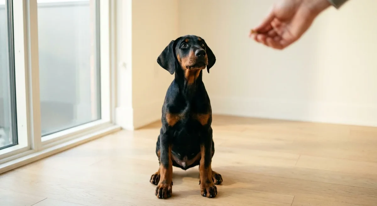 Un pui de Doberman stând așezat și privind cu atenție spre stăpânul său într-o cameră luminată natural.