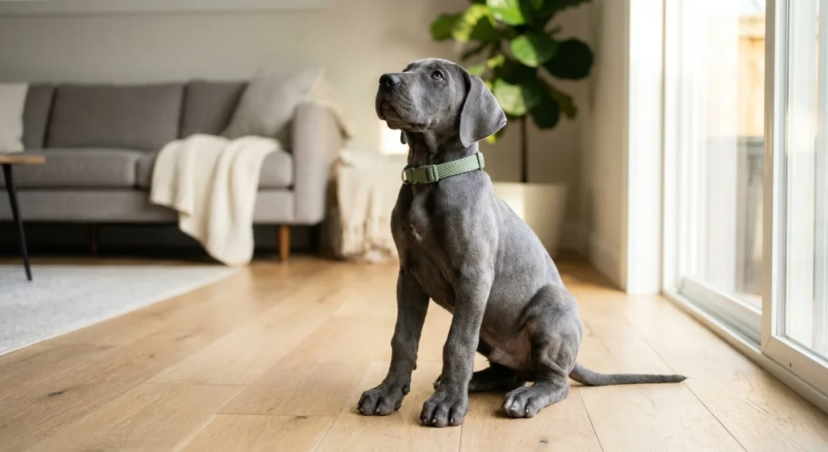 Un pui de Dog German de culoare gri-albastru stă așezat cuminte pe o podea de lemn într-o casă luminoasă.