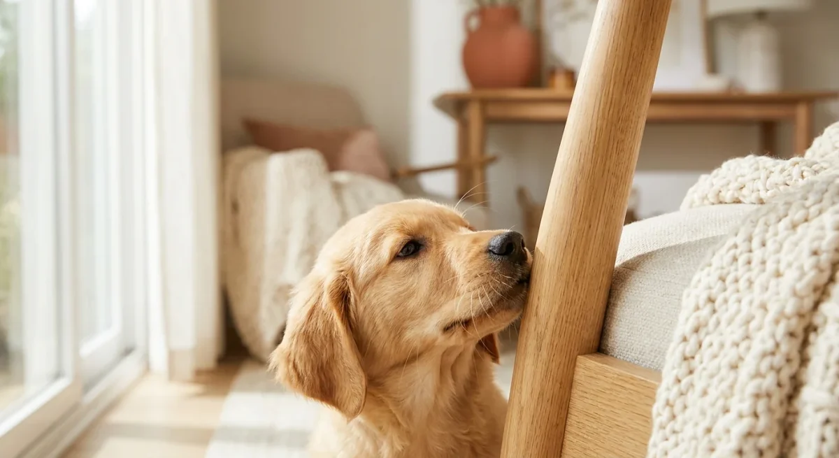 Un pui de Golden Retriever adulmecând piciorul unui scaun de lemn într-o sufragerie luminoasă.