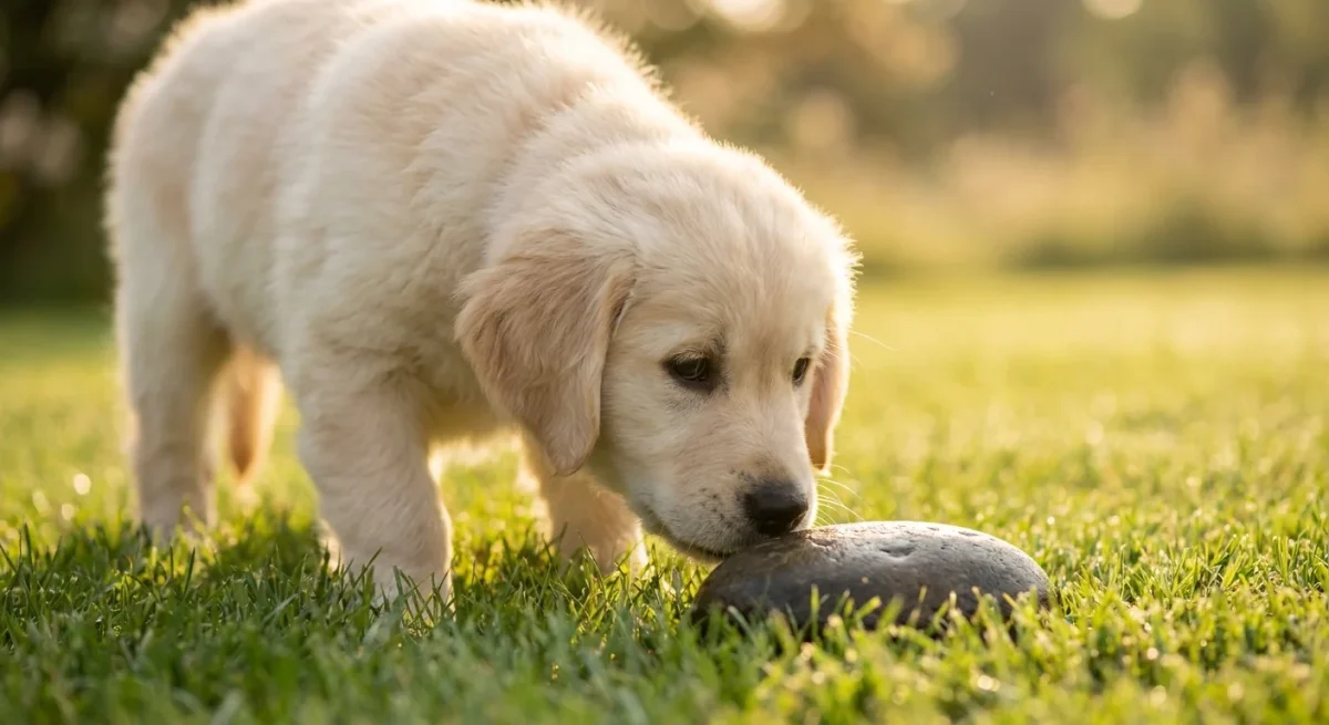 Un pui de Golden Retriever curios cercetând o piatră mică în iarbă, ilustrând comportamentul de explorare.