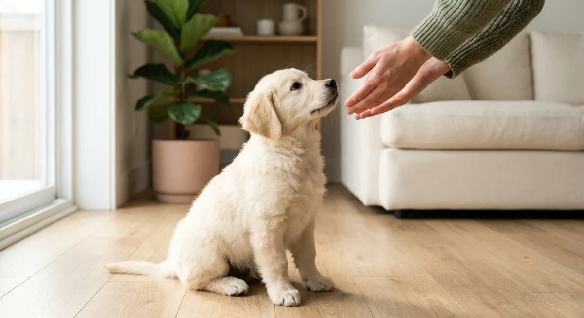 Un pui de Golden Retriever stând pe o podea de lemn și privind curios spre mâinile noului său stăpân într-o lumină caldă.