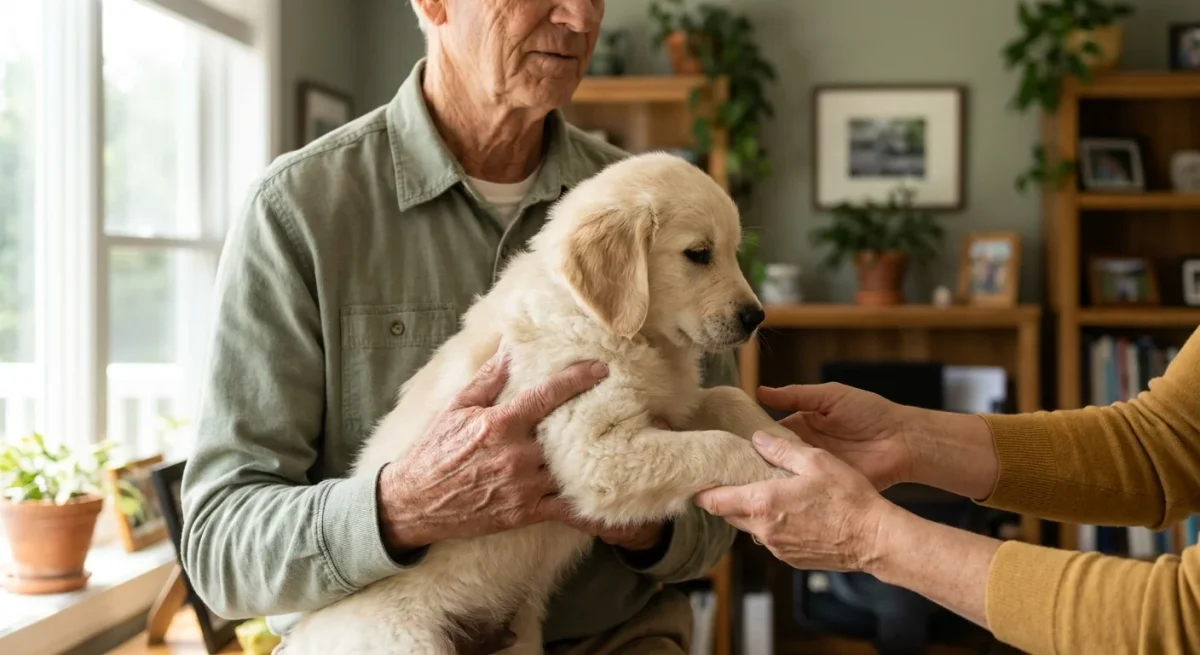 Un pui de Golden Retriever ținut cu blândețe de un crescător în timp ce interacționează cu noii stăpâni într-un cadru cald.