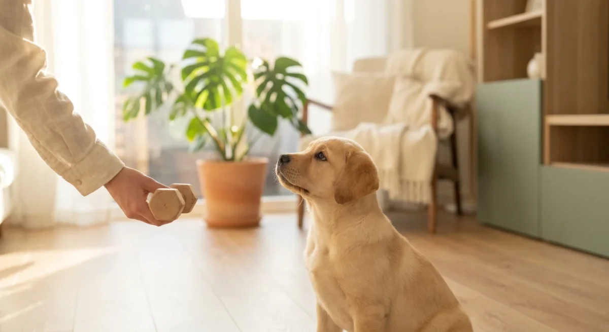 Un pui de Labrador Retriever galben de 8 săptămâni stând pe o podea din lemn, într-o lumină caldă de interior.