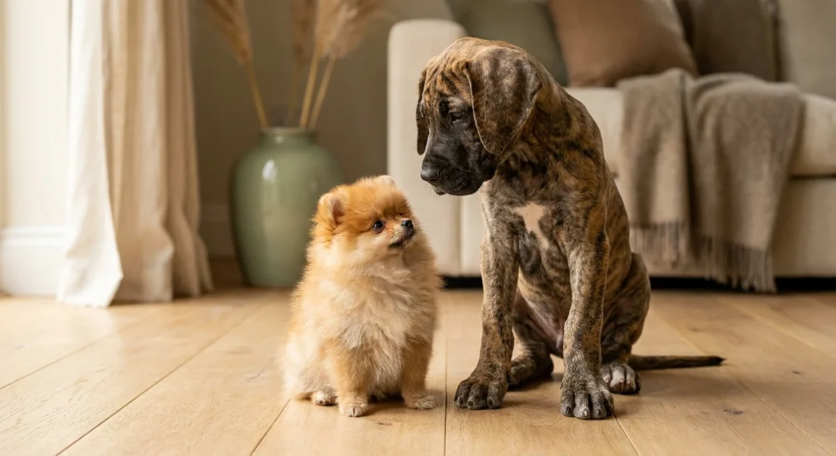Un pui de Pomeranian mic și un pui de Dog German stând unul lângă altul pe o podea de lemn, ilustrând diferența de talie.