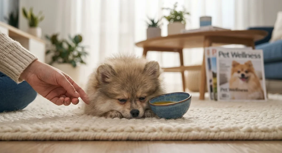 Un pui de Pomeranian odihnindu-se pe un covor alb, ilustrând starea de slăbiciune cauzată de hipoglicemie.