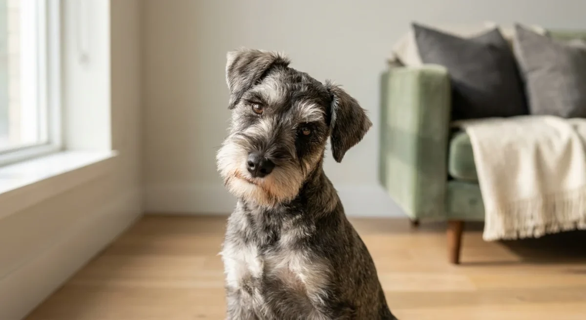 Un pui de Schnauzer Pitic cu sprâncene stufoase stând pe o podea din lemn într-o lumină caldă.