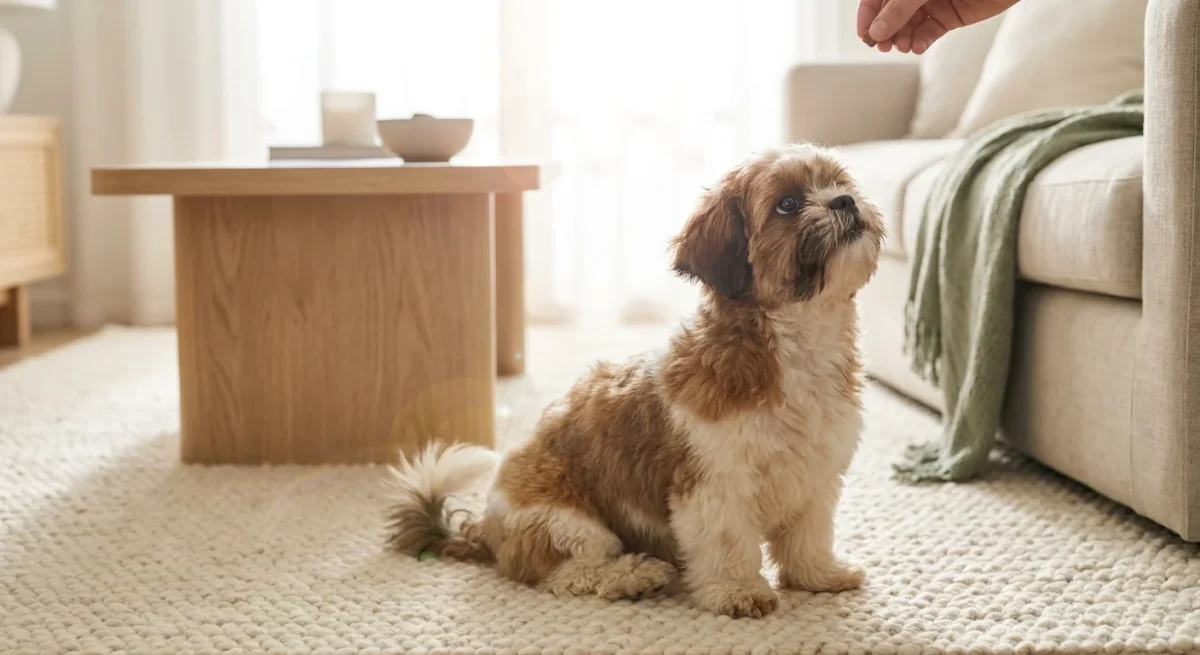 Un pui de Shih Tzu stând cuminte pe un covor crem, privind cu atenție în sus în timpul unei sesiuni de dresaj.