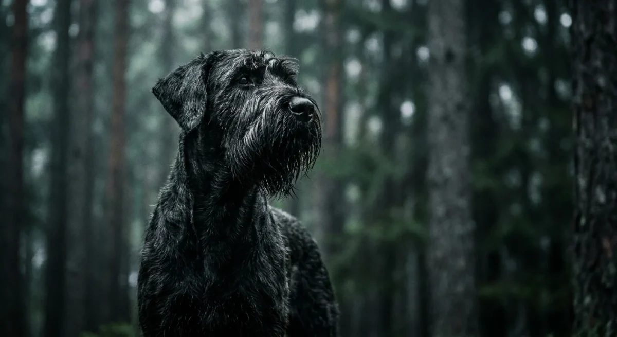 Un Schnauzer Uriaș negru stând alert într-o pădure cu ceață, evidențiind statura impunătoare și barba specifică.