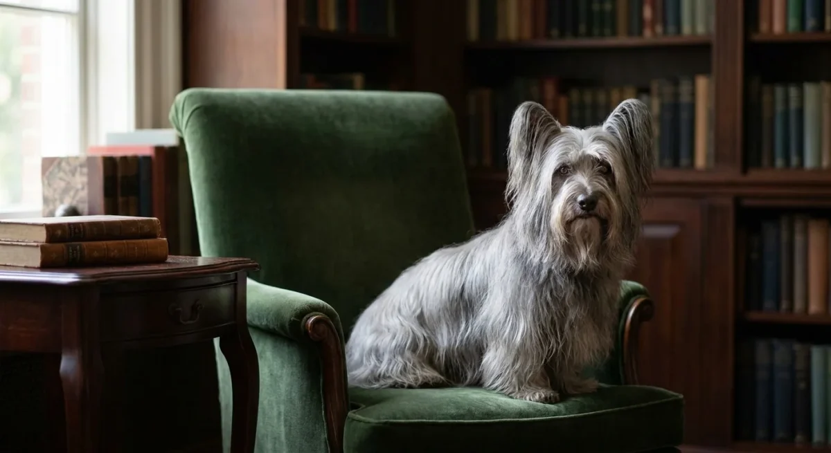Un Skye Terrier elegant cu blană lungă gri stând pe un fotoliu de catifea verde într-o bibliotecă.