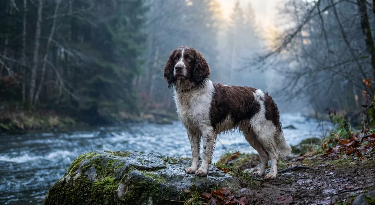 Un Springer Spaniel Englez cu blană deasă stând lângă un râu în ceață, evidențiind textura stratului dublu de blană.